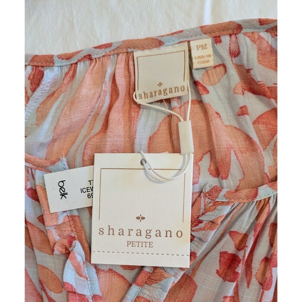NWT Sharagano Petite M Floral Lace Sleeve Blouse Blue Orange Rayon Blend - Picture 7 of 9